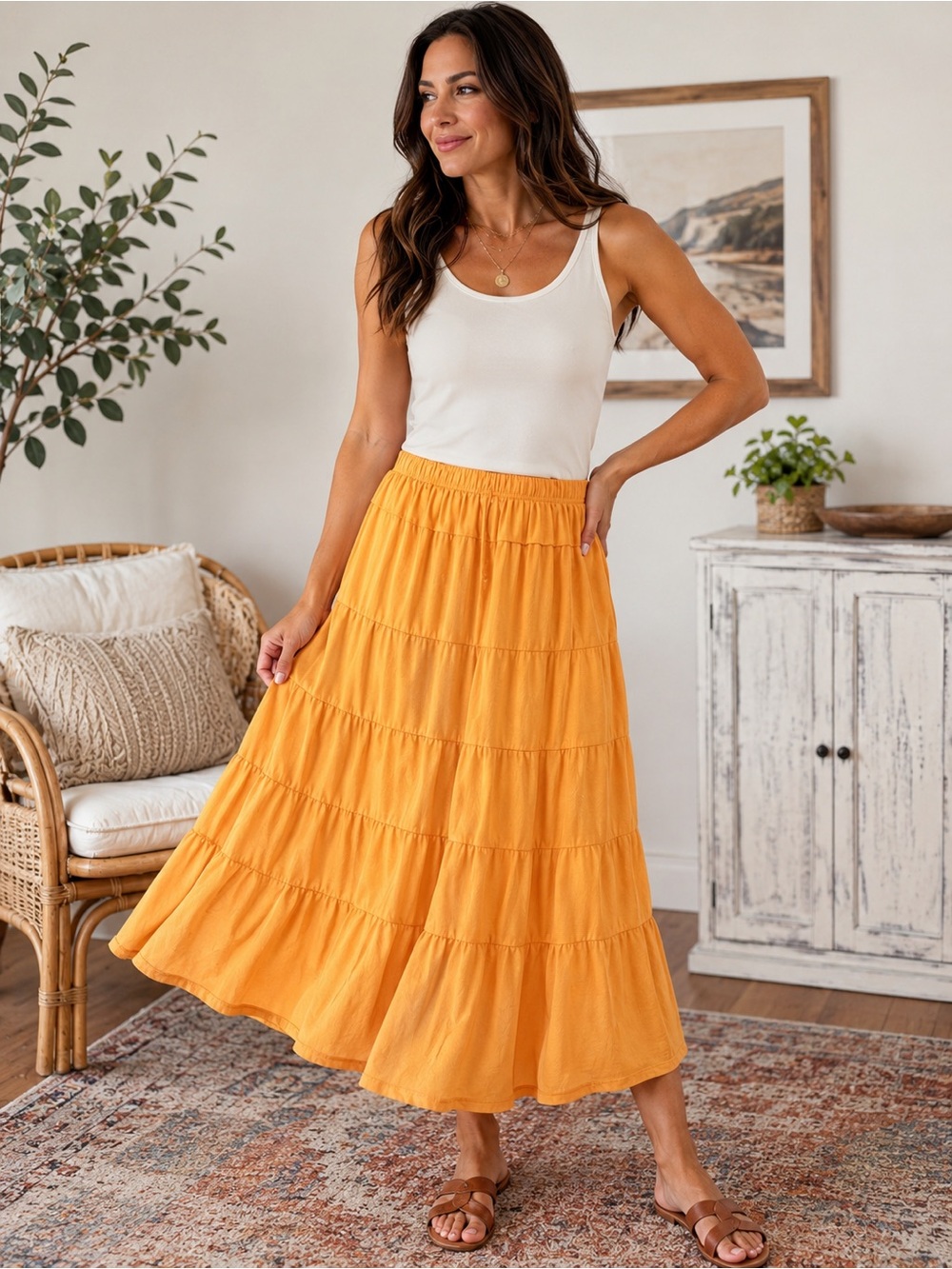 Veranesi Peach Orange Tiered Bohemian Skirt Women’s 1X